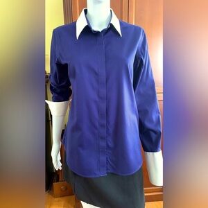 Hudson shiny Navy blue cotton dress shirt white collar & wide French cuff US 14